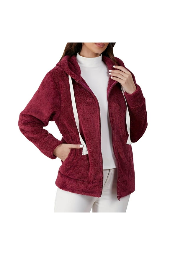 Women's Sherpa Fleece Jacket Zip Up Hoodie Winter Warm Coat Long Sleeve Hooded Outerwear Casual Soft with Pockets