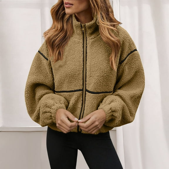 Women's Sherpa Fleece Jackets Pullover Zip Fleece Sweatshirt with Pockets Winter Outwear for Fall and Winter 2025 Khaki S