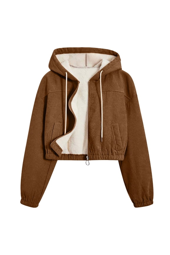 Women's Sherpa Fleece Lined Cropped Jacket Casual Zip Up Fuzzy Hooded Coat Fall Winter Warm Crop Outerwear with Pocket