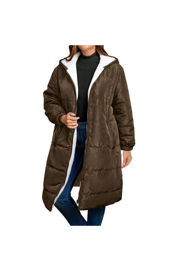 Women’s Sherpa Fleece Lined Long Puffer Coat Hooded Quilted Winter Parka Oversized Warm Outerwear with Pockets Casual Office Overcoat,Brown,M