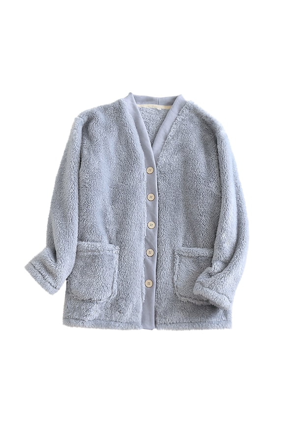 Women's Sherpa Fleece Pajamas Coat Casual Fashion V Neck Button Down Bed Jackets Fall Winter Fuzzy Windproof Thermal Sleepwear Tops
