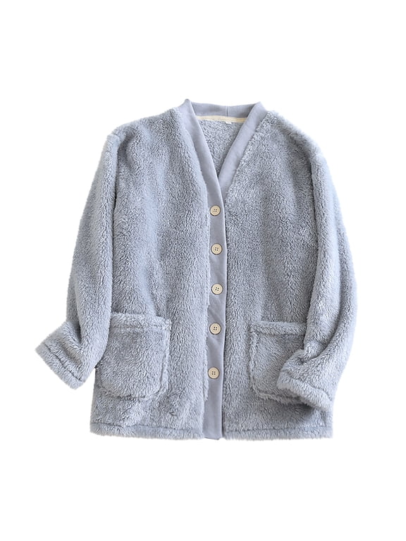 Women's Sherpa Fleece Pajamas Coat Casual Fashion V Neck Button Down Bed Jackets Fall Winter Fuzzy Windproof Thermal Sleepwear Tops