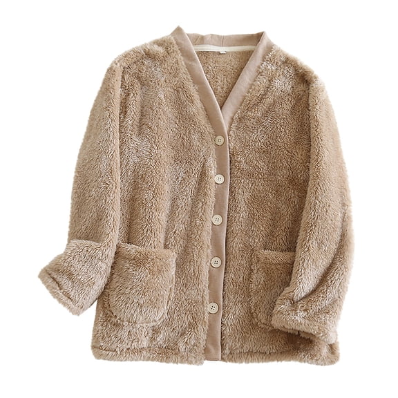 Women Sherpa Fleece Bed Jacket Casual Fuzzy V Neck Long Sleeve Button Pajama Coat Loose Soft Lightweight Winter Warm Loungewear
