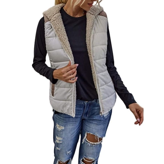 Women's Sherpa Fleece Reversible Vest Full Zip Hoodie Winter Cozy Color Block Thermal Outerwear with Pockets