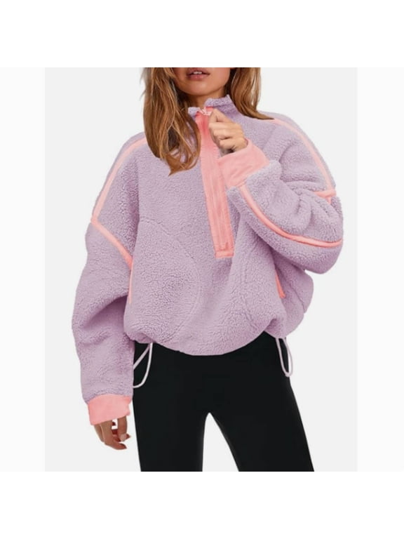 Women’s Sherpa Fleece Sweatshirt with Half Zip Oversized Pullover Soft Warm Furry
