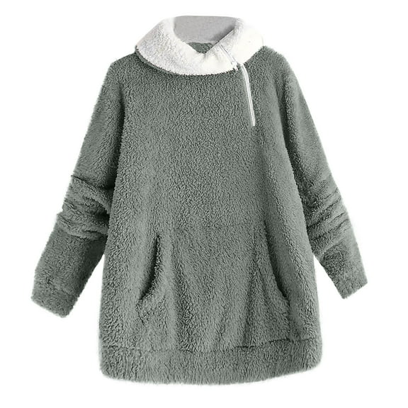 Women's Sherpa Fleece Tunic Tops with Pocket Fuzzy Warm Winter 1/4 Zip Pullover Loose Colorblock Sweater Pajamas (L, Gray)