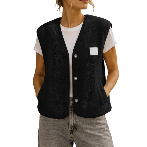 Women's Sherpa Fleece Vest V Neck Button Down Sleeveless Gilet with Pockets Loose Fit Casual Cozy Warm Layering Outerwear Fall Winter Black