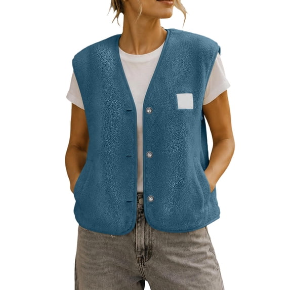Women's Sherpa Fleece Vest V Neck Button Down Sleeveless Gilet with Pockets Loose Fit Casual Cozy Warm Layering Outerwear Fall Winter Blue