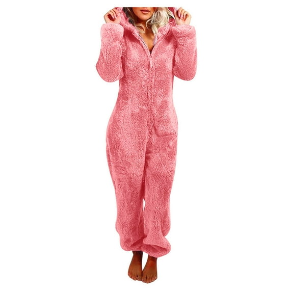 Women’s Sherpa Fleece Zip-Up Onesie Plush Hooded Jumpsuit One Piece Warm Fuzzy Pajamas Cozy Winter Sleepwear