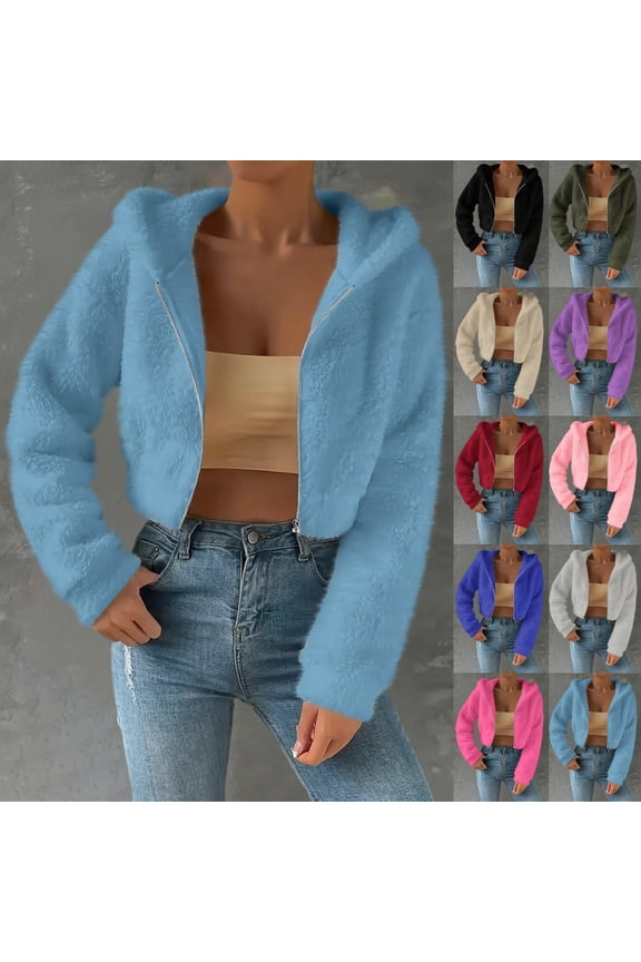 Women's Sherpa Fuzzy Cropped Jacket Casual Long Sleeve Zip Up Teddy Fleece Hoodies Coat Warm Winter Fluffy Outerwear