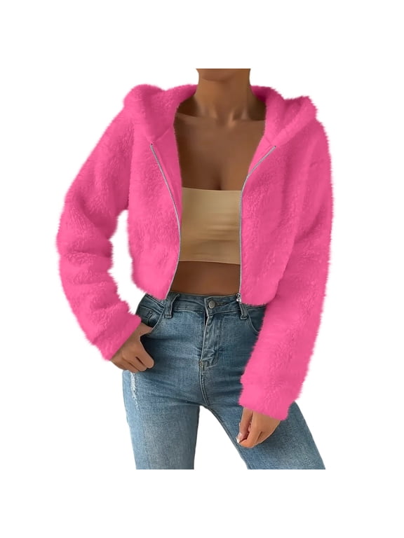 Women's Sherpa Fuzzy Cropped Jacket Casual Long Sleeve Zip Up Teddy Fleece Hoodies Coat Warm Winter Fluffy Outerwear