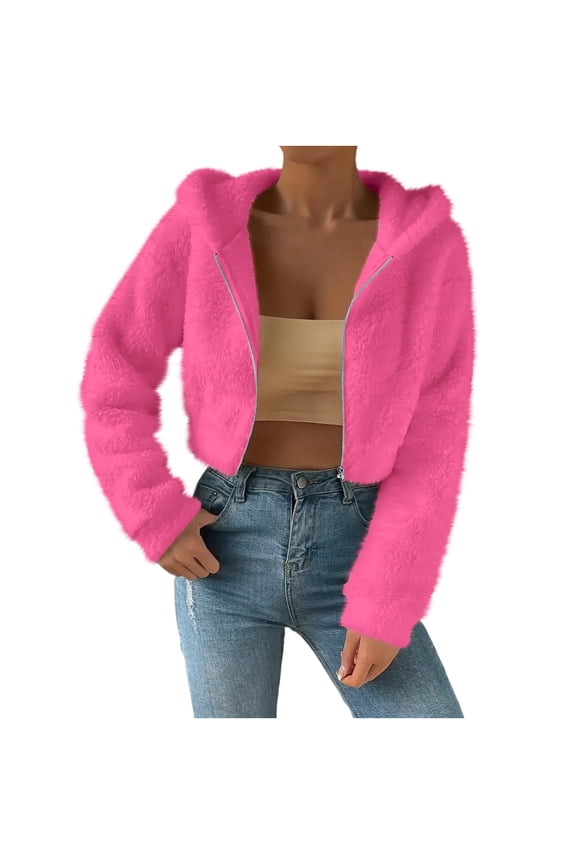 Women's Sherpa Fuzzy Cropped Jacket Casual Long Sleeve Zip Up Teddy Fleece Hoodies Coat Warm Winter Fluffy Outerwear