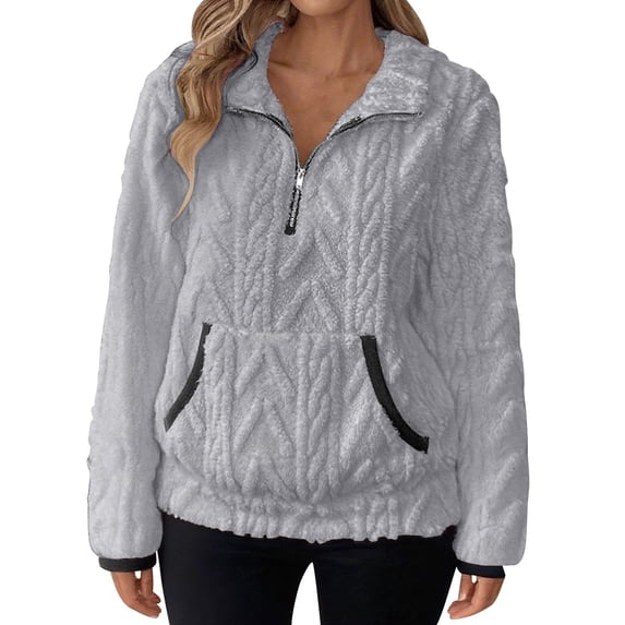 Women's Sherpa Fuzzy Fleece Pullover Sweatshirt Quarter Zip Lapel Winter Warm Cozy Sweaters with Kangaroo Pockets