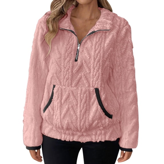 Women's Sherpa Fuzzy Fleece Pullover Sweatshirt Quarter Zip Lapel Winter Warm Cozy Sweaters with Kangaroo Pockets