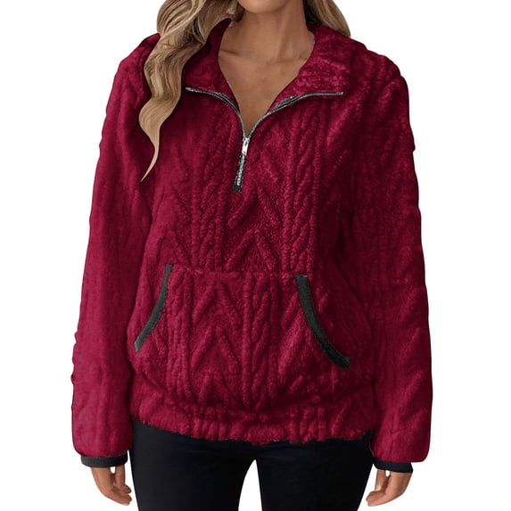 Women's Sherpa Fuzzy Fleece Pullover Sweatshirt Quarter Zip Lapel Winter Warm Cozy Sweaters with Kangaroo Pockets