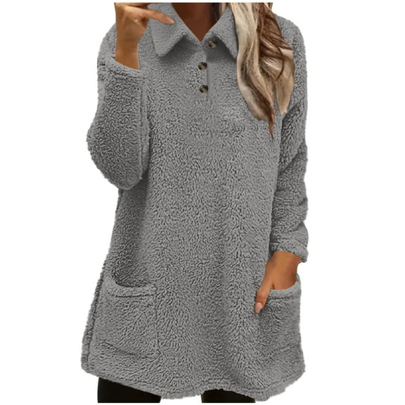 Women's Sherpa Fuzzy Sweatshirt Fleece Long Collared Sweater Soft Cozy Pullover Winter Warm Loungewear Tops, M Gray