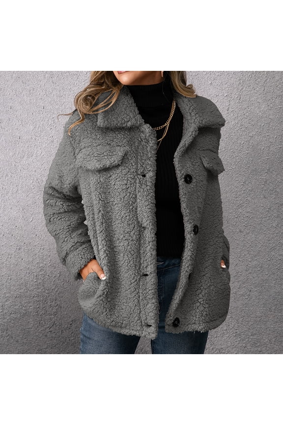 Women's Sherpa Jacket Fleece Button Up Jacket Plush Fluffy Cardigan Coat Dark Gray M