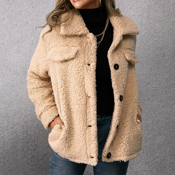 Women's Sherpa Jacket Fleece Button Up Jacket Plush Fluffy Cardigan Coat Khaki M