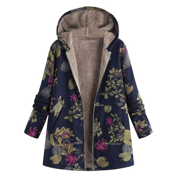 Women's Sherpa Jacket Lightweight Fleece Lined Warm Winter Hooded Coat Long Sleeve Fuzzy Fleece Outerwear Oversize Navy L