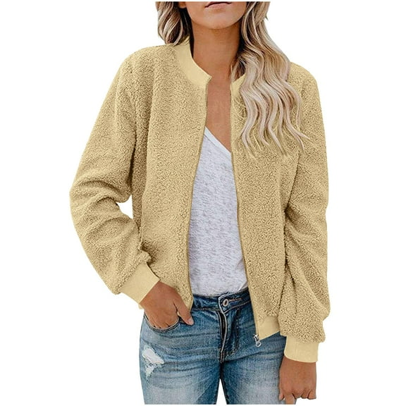 Women's Sherpa Jacket, Solid Color Zip Front Faux Shearling Lined Coat, Cozy & Trendy Winter Layer for Casual Outings & Travel.YellowS
