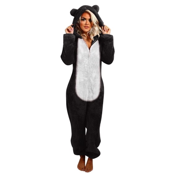 Women's Sherpa Jumpsuit Fleece onesiesFuzzy Pajama Plush Cute Cat Ear Hooded Romper Sleepwear Playsuit Loungewear