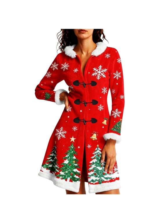 Women’s Sherpa Lined Christmas Coat Hooded Winter Jacket Fleece Thicken Long Sleeve with Faux Fur Collar Toggle Buttons Relaxed Fit Holiday Print Outerwear,Red,M