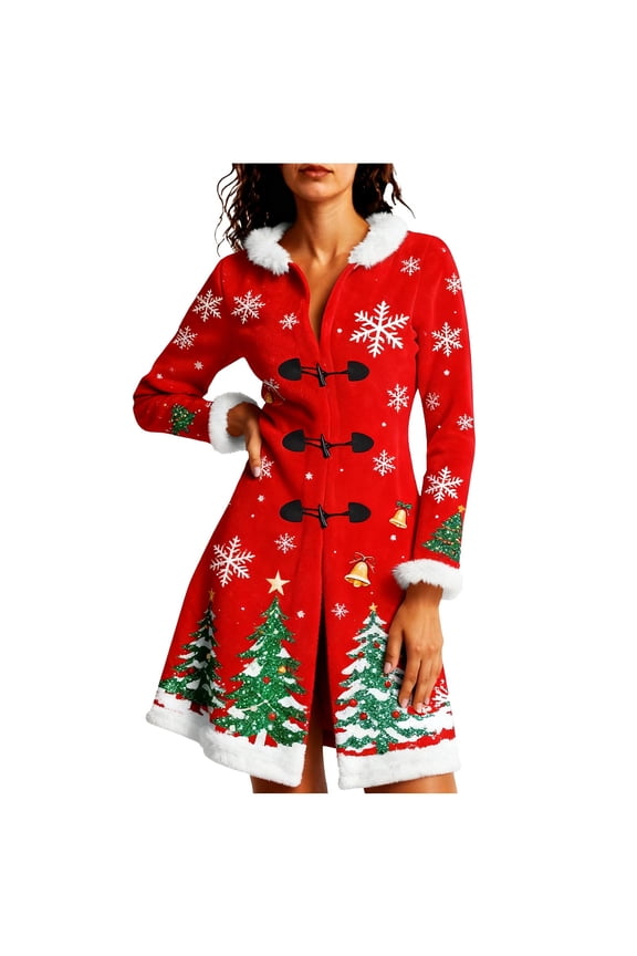 Women’s Sherpa Lined Christmas Coat Hooded Winter Jacket Fleece Thicken Long Sleeve with Faux Fur Collar Toggle Buttons Relaxed Fit Holiday Print Outerwear,Red,XL