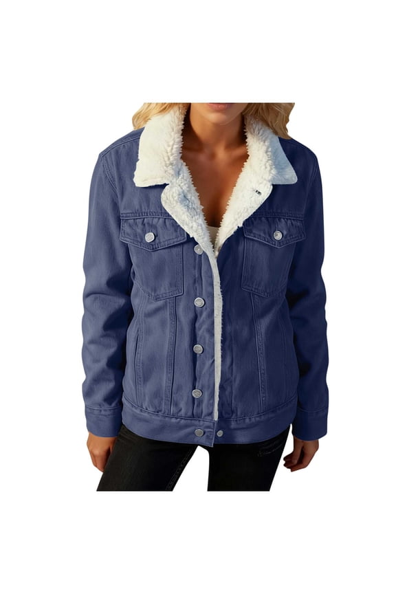 Women's Sherpa Lined Denim Jacket Fleece Warm Winter Coat Button Down Casual Jean Jackets with Pockets (4XL, Dark Blue)