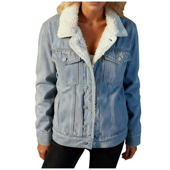Women's Sherpa Lined Denim Jacket Fleece Warm Winter Coat Button Down Casual Jean Jackets with Pockets (4XL, Light Blue)