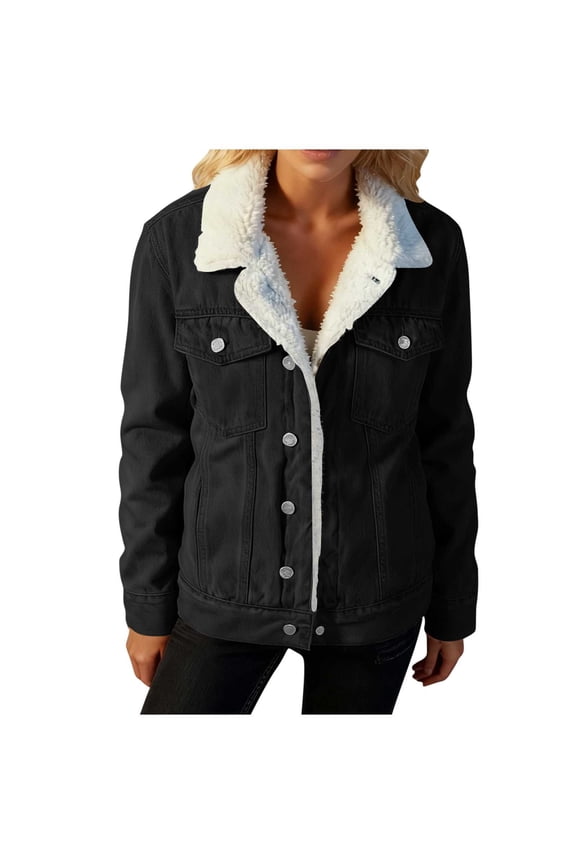 Women's Sherpa Lined Denim Jacket Fleece Warm Winter Coat Button Down Casual Jean Jackets with Pockets (L, Black)