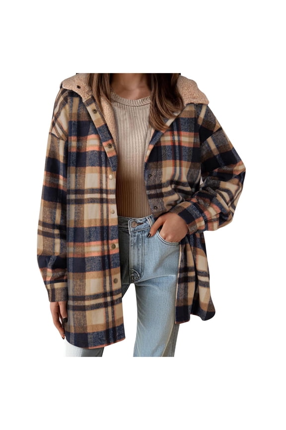Women's Sherpa Lined Flannel Shirt Jacket Cotton Plaid Fleece Button Down Long Sleeve Jackets with Hood for Women