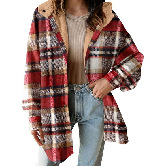 Women's Sherpa Lined Flannel Shirt Jacket Cotton Plaid Fleece Button Down Long Sleeve Jackets with Hood for Women