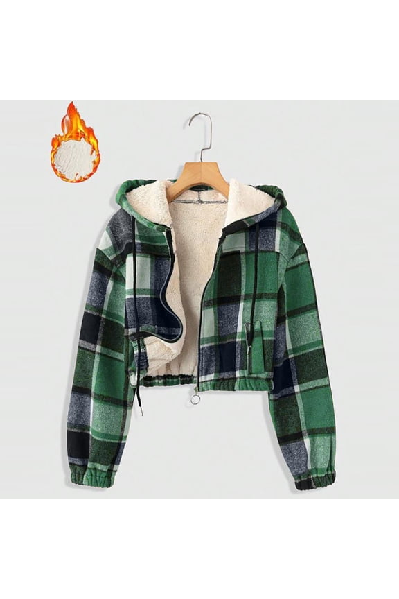 Women's Sherpa Lined Flannel Shirt Jacket Cotton Plaid Fleece Jackets with Hood for Women Green L