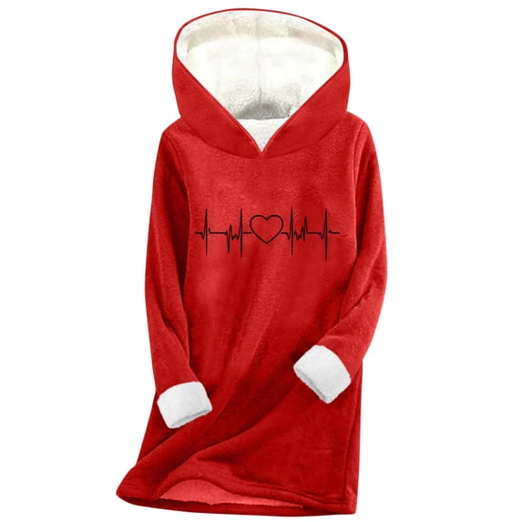 Women's Sherpa Lined Hoodies Cute Heart Printed Sweatshirts Long Sleeve Casual Fleece Sweater Oversized Fuzzy Tops (M, Red)