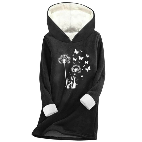 Women's Sherpa Lined Hoodies Printed Sweatshirts Long Sleeve Casual Fleece Sweater Oversized Fuzzy Tops (L, Black)