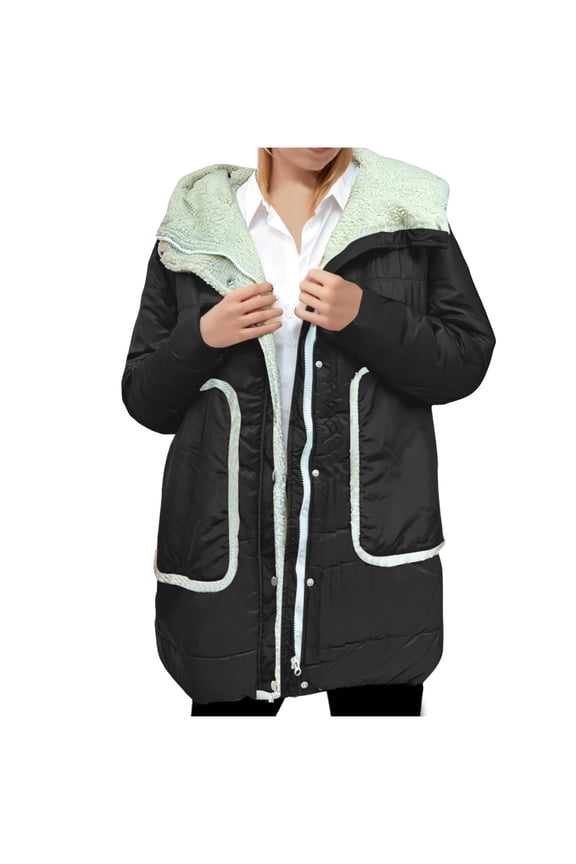 Women's Sherpa Lined Jackets Casual Puffer Hooded Cardigan Padded Long Sleeve Dressy Button Down Faux Suede Anorak Coat (L, Black)