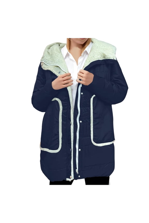 Women's Sherpa Lined Jackets Casual Puffer Hooded Cardigan Padded Long Sleeve Dressy Button Down Faux Suede Anorak Coat (S, Navy)
