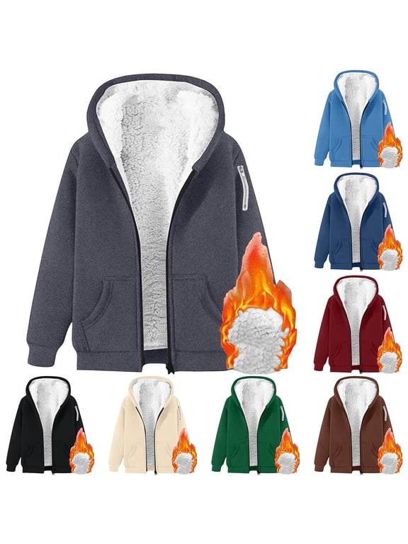 Women's Sherpa Lined Plus Size Hooded Jacket Oversized Zip Up Long Sleeves Fall Winter Coat with Pockets Casual Warm Outwear Size L-5XL