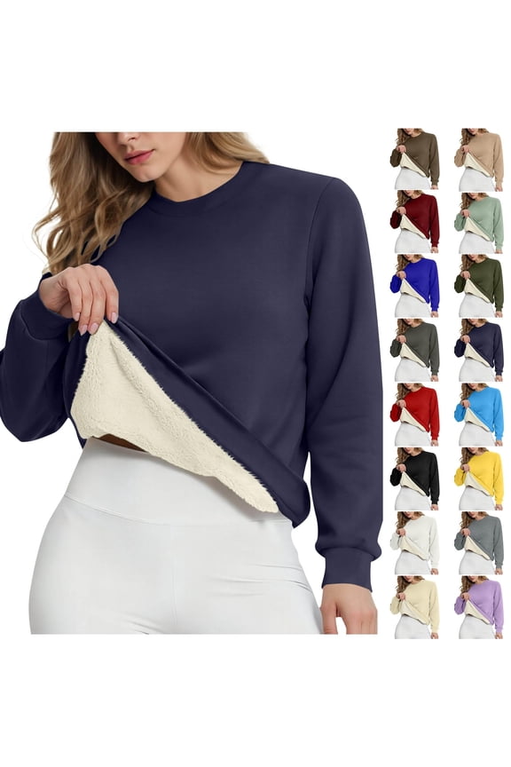 Women's Sherpa Lined Sweatshirts Warm Winter Fleece Crewneck Pullover Thermal Casual Soft Long Sleeve Thick Tops Navy M