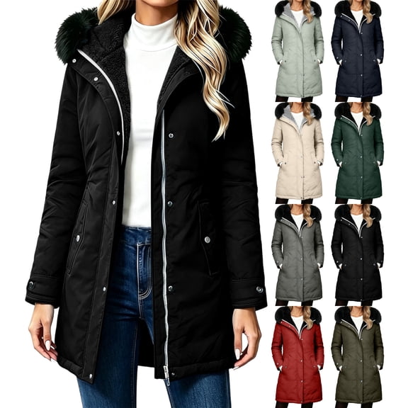 Women's Sherpa Lined Winter Parka Coat Solid Color Hood Warm Long Coat Zipper Front Windbreaker with Deep Pockets