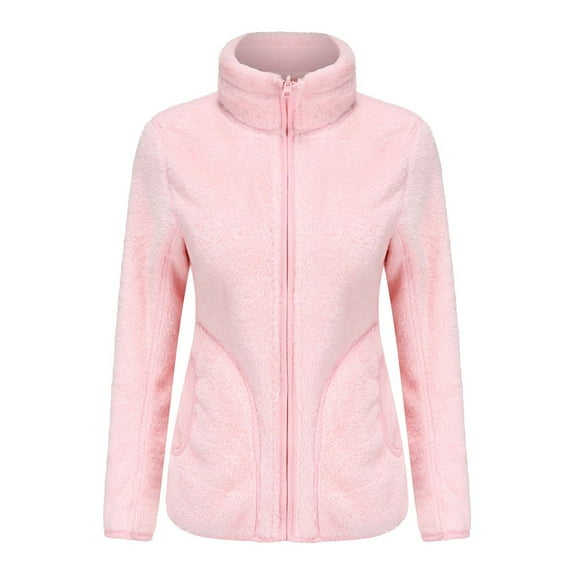 Women's Sherpa Long Sleeve Mock Neck Full-Zip Jacket Cardigan Coat Pink XL