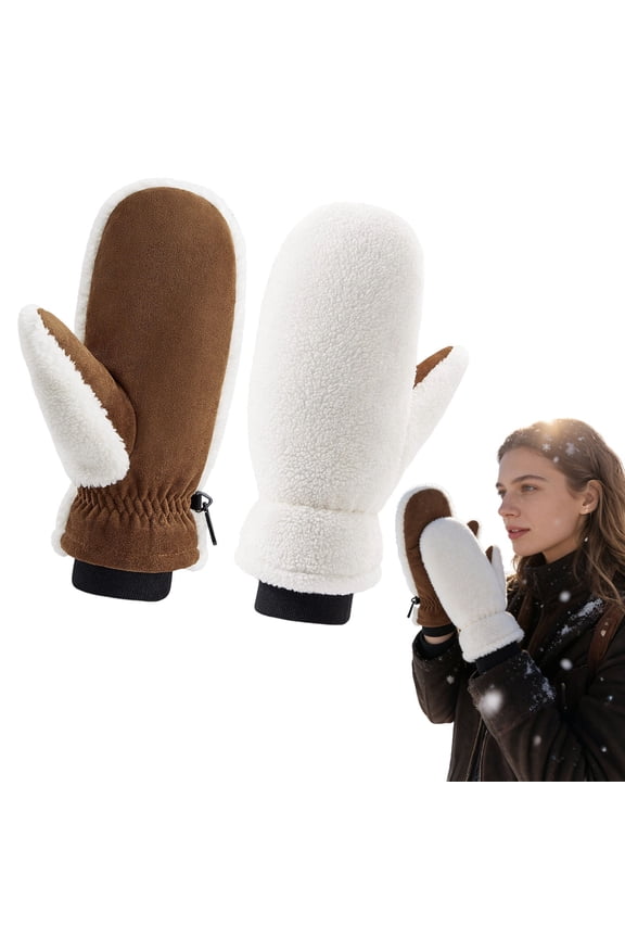 Women's Sherpa Mitten Genuine Suede Outdoor Mitt Winter For Thermal Lined With Finger Liners Warm Winter Gloves Mitt for Cold Weather(White)