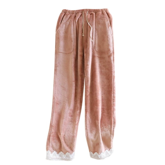 Women's Sherpa Pants 2025 Winter Pajama Fuzzy Fleece Lounge Pants Casual Lace Trim Drawstring PJ Bottoms Trousers