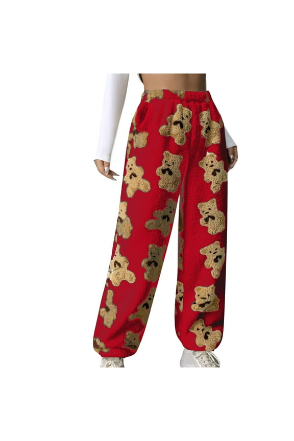Women's Sherpa Pants Long Bear Print Fleece Lined Trouders Fall Winter Warm Joggers with Side Pockets Red XS