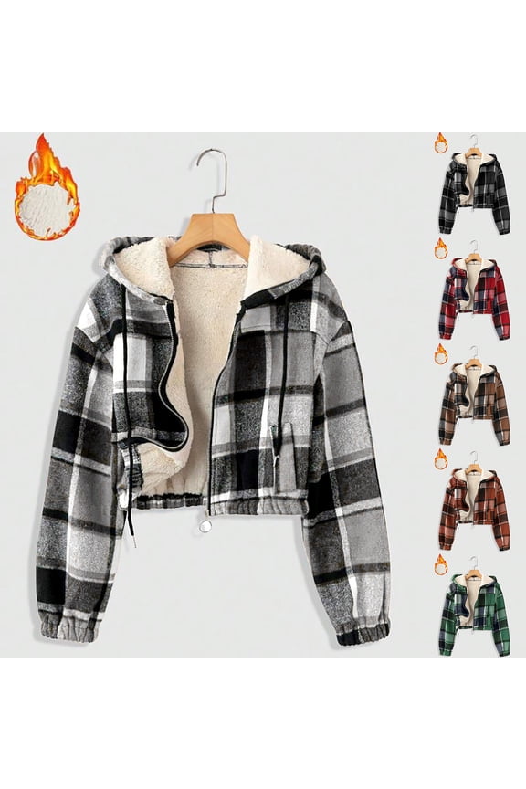 Women's Sherpa Plaid Cropped Jacket Full Zip Flannel Hooded Casual Short Coat Trendy Warm Fall Winter Outwear,M,Orange