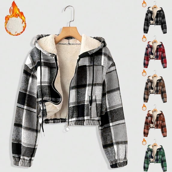 Women's Sherpa Plaid Cropped Jacket Full Zip Flannel Hooded Casual Short Coat Trendy Warm Fall Winter Outwear,S,Green