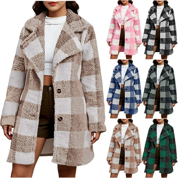 Women's Sherpa Plaid Trench Coat Single Breasted Fuzzy Fleece Jacket Shacket Fall Winter Lightweight Overcoat Elegant Outerwear with Pockets