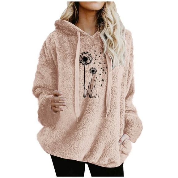 Women's Sherpa Pullover Oversized Fuzzy Hoodies Fuzzy Fleece Printed Long Sleeve Drawstring Hooded Sweatshirts (L, Pink)