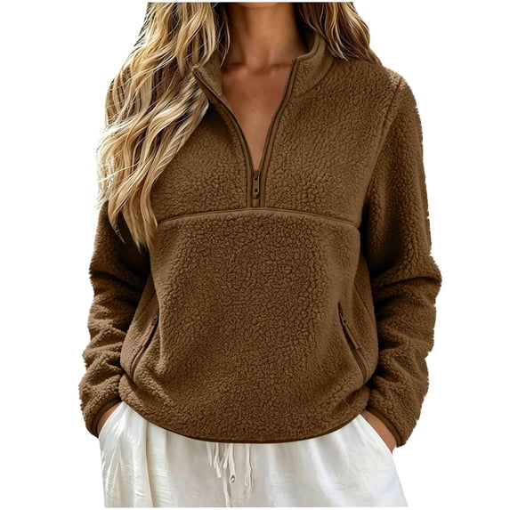 Women's Sherpa Quarter Zip Sweatshirt, Long Sleeve Fuzzy Pullover Top with Side Pockets for Casual Wear