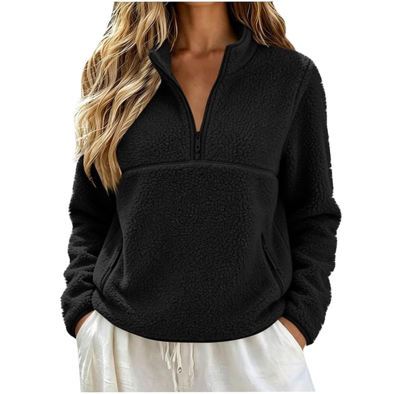 Women's Sherpa Quarter Zip Sweatshirt, Long Sleeve Fuzzy Pullover Top with Side Pockets for Casual Wear